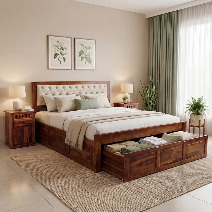 Premium Teakwood cushion headboard with leg board stroage & bed side table queen size